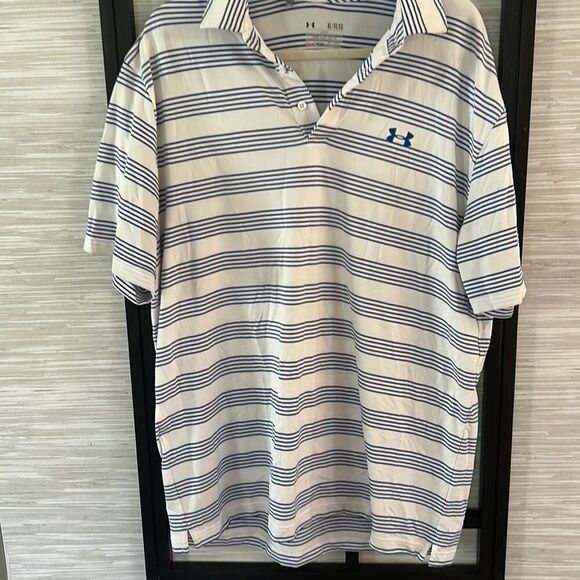 Under armor blue and white striped men's polo short sleeve T-shirt collared size - Picture 1 of 4